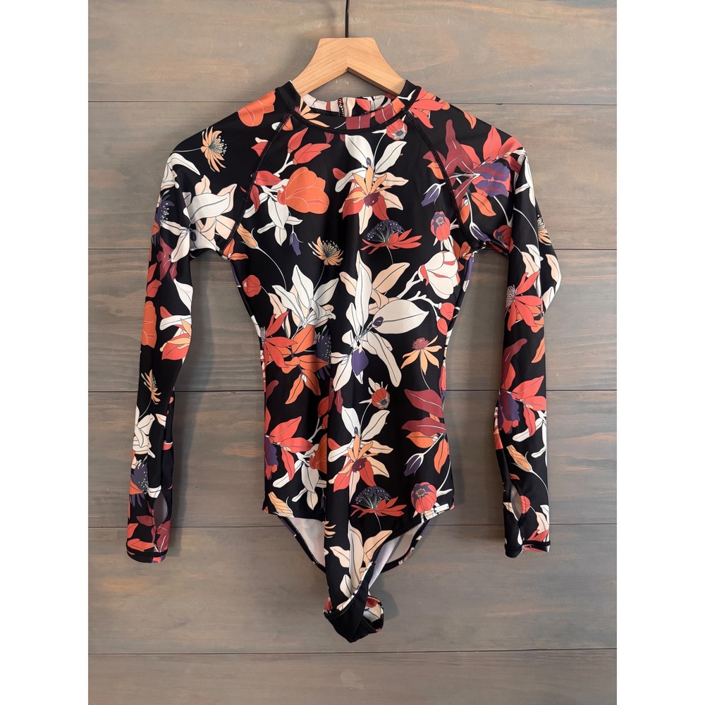 AXESEA Womens Floral Long Sleeve‎ One Piece Swimsuit Rash Guard Black Size 4